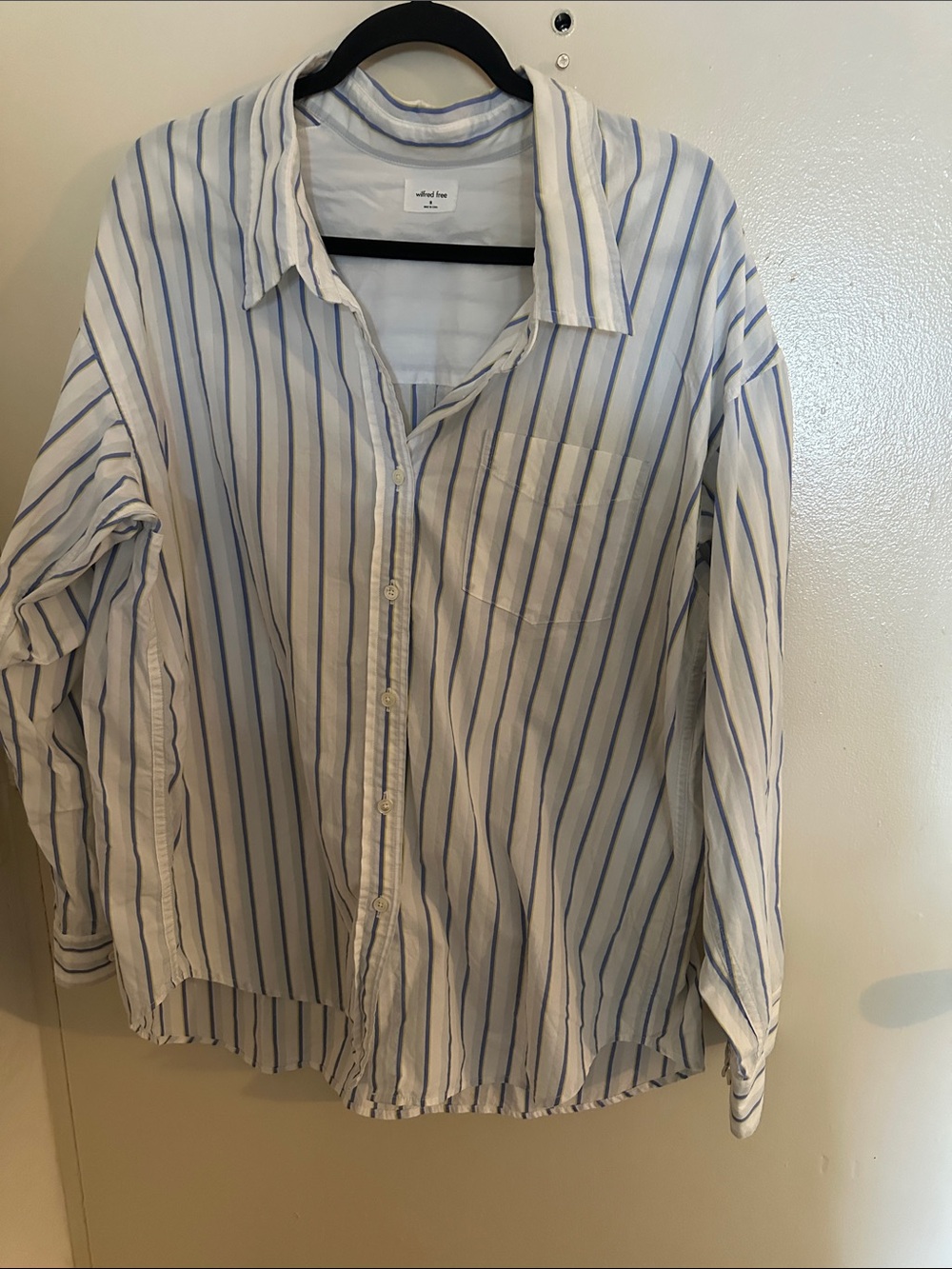 Wilfred Free Striped Button-Up Shirt White Blue Yellow Pockets Cotton Long M